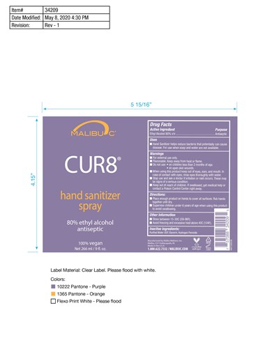 266 mL Spray Label (Malibu C Cur8 Hand Sanitizer Spray 5 28 2020 H.o)
